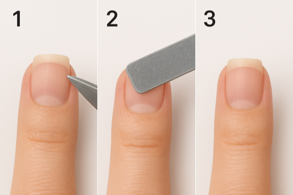 スクエアカットの手順（一直線に切る→角をやすりで整える→完成形）