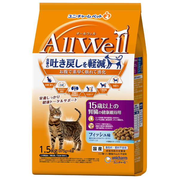 AllWell 15歳以上の腎臓の健康維持用フィッシュ味挽き小魚とささみフリーズドライパウダー入り 1.5kg×5袋入り (1ケース)