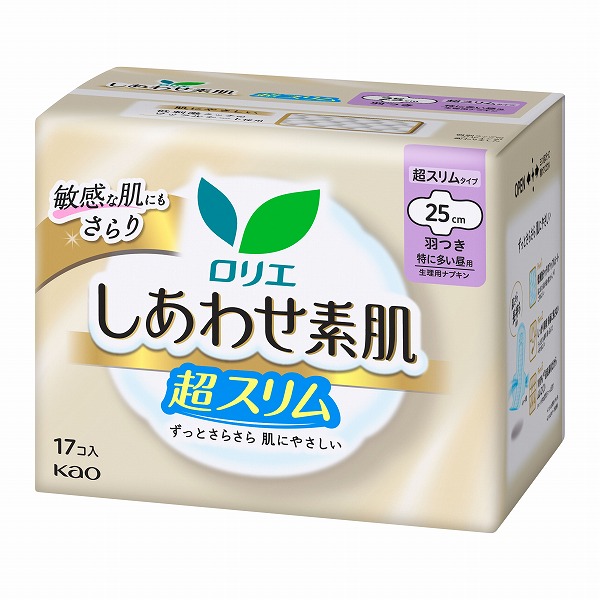 ロリエ しあわせ素肌 通気超スリム 特に多い昼用 25cm 羽つき 17個入×18パック（1ケース）　花王