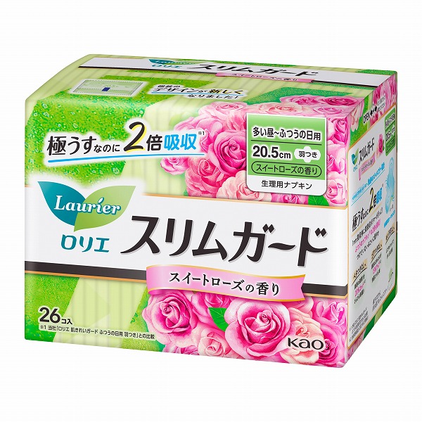 花王 ロリエ スリムガード スイートローズの香り 多い昼～ふつうの日用 羽つき（医薬部外品）26個入×16パック(1ケース)　花王