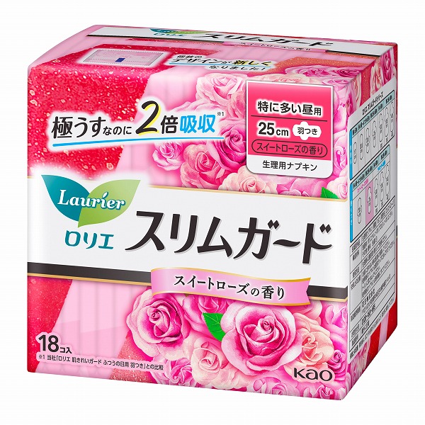 ロリエ スリムガード スイートローズの香り 特に多い昼用 羽つき（医薬部外品）18個入×16パック（1ケース）　花王