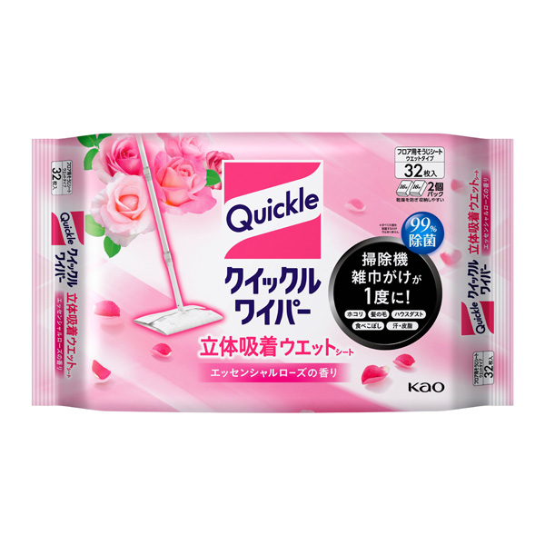 クイックルワイパー 立体吸着ウエットシート エッセンシャルローズの香り 32枚入 花王