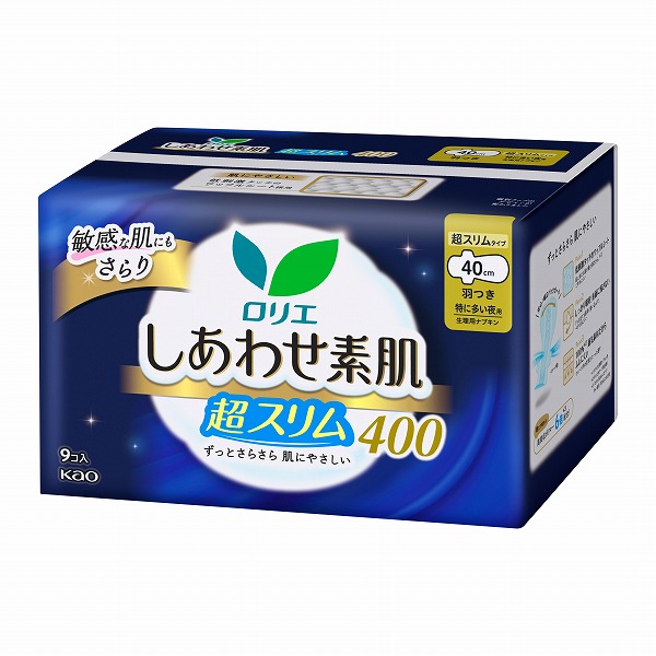ロリエ しあわせ素肌 通気超スリム 特に多い夜用４０ｃｍ 羽つき 9個入×16パック（1ケース）　花王