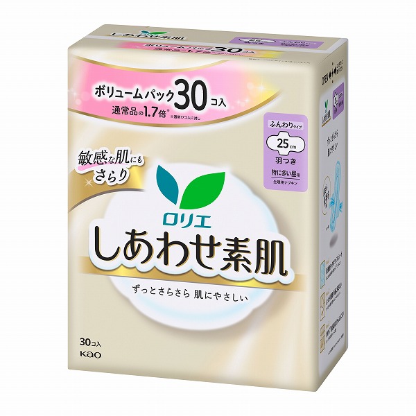 ロリエ　しあわせ素肌　ボリュームパック　特に多い昼用25cm　羽つき 30個×8個入り　花王