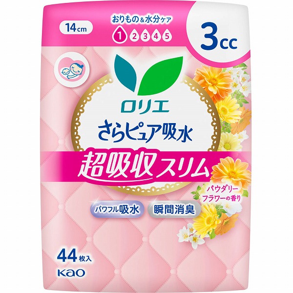 ロリエさらピュア吸水 超吸収スリム 3cc パウダリーフラワーの香り 44枚×3袋セット　花王
