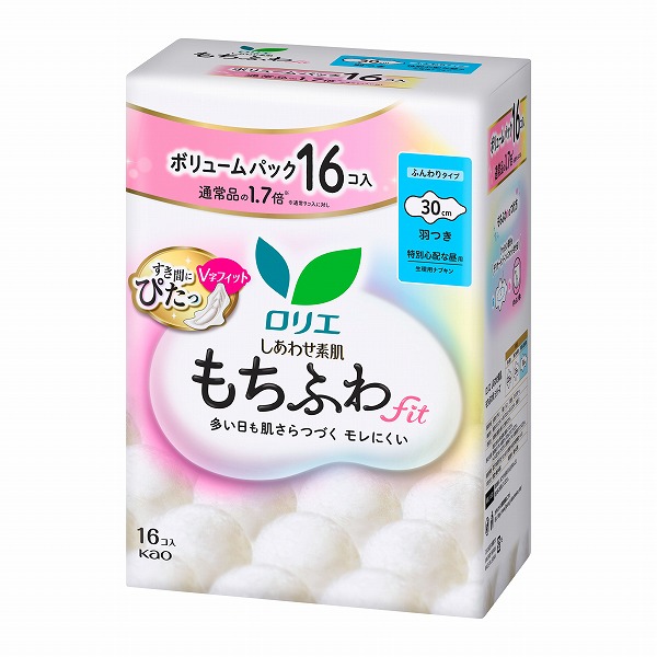 ロリエ しあわせ素肌 もちふわfit ボリュームパック 特別心配な昼用30cm 羽つき【医薬部外品】 16個×3パック　花王