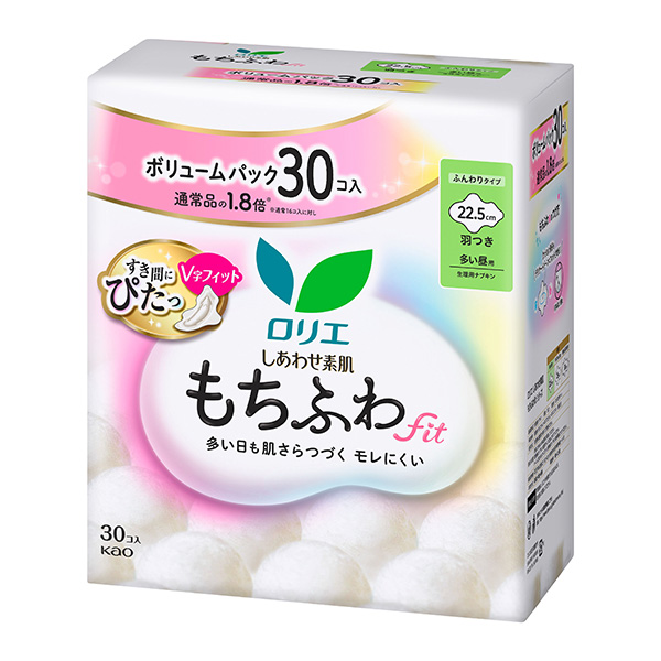 ロリエ しあわせ素肌 もちふわfit ボリュームパック 多い昼用22.5cm 羽つき 30個×3パック【医薬部外品】　花王
