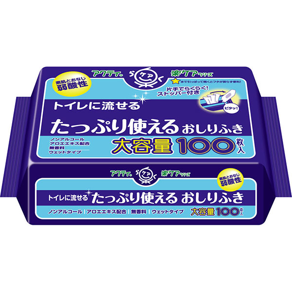 アクティ トイレに流せるたっぷり使えるおしりふき(100枚)×5パック (SH)