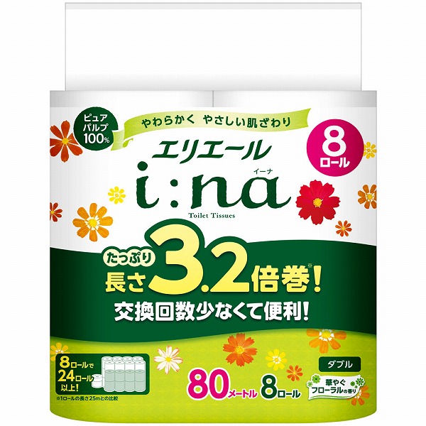 エリエール イーナトイレット Ｗ 3.2倍巻 80m×8ロール×8セット入り (1ケース)