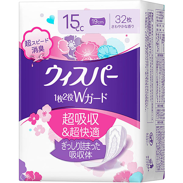 ウィスパー 1枚2役Ｗガード 女性用 吸水ケア 15cc 32枚入り×4個パック